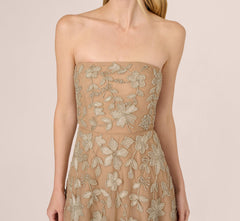 Strapless Floral Beaded Embroidery Gown In Taupe Pink