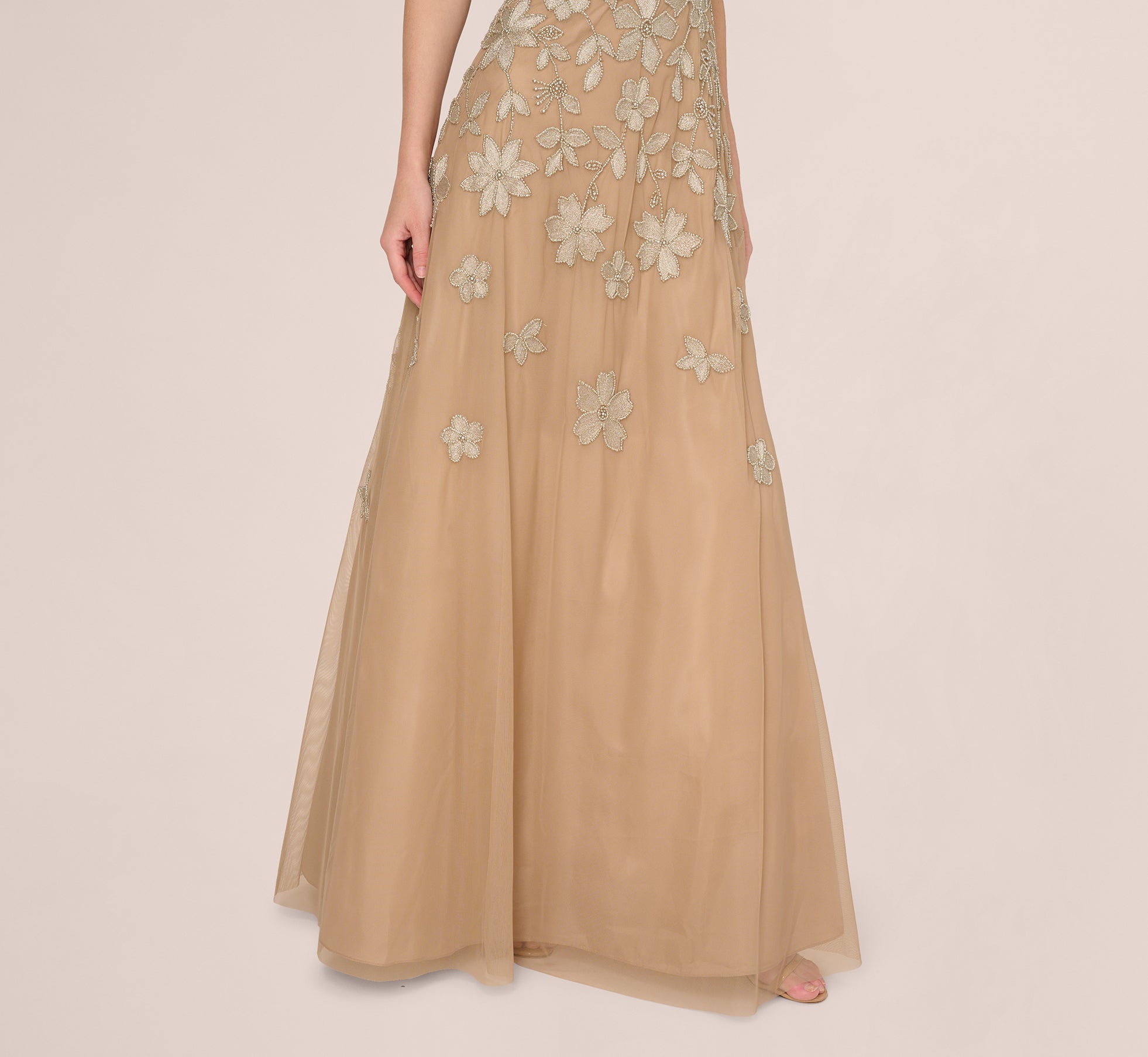 Strapless Floral Beaded Embroidery Gown In Taupe Pink