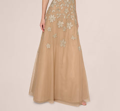 Strapless Floral Beaded Embroidery Gown In Taupe Pink