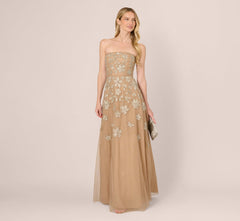 Strapless Floral Beaded Embroidery Gown In Taupe Pink