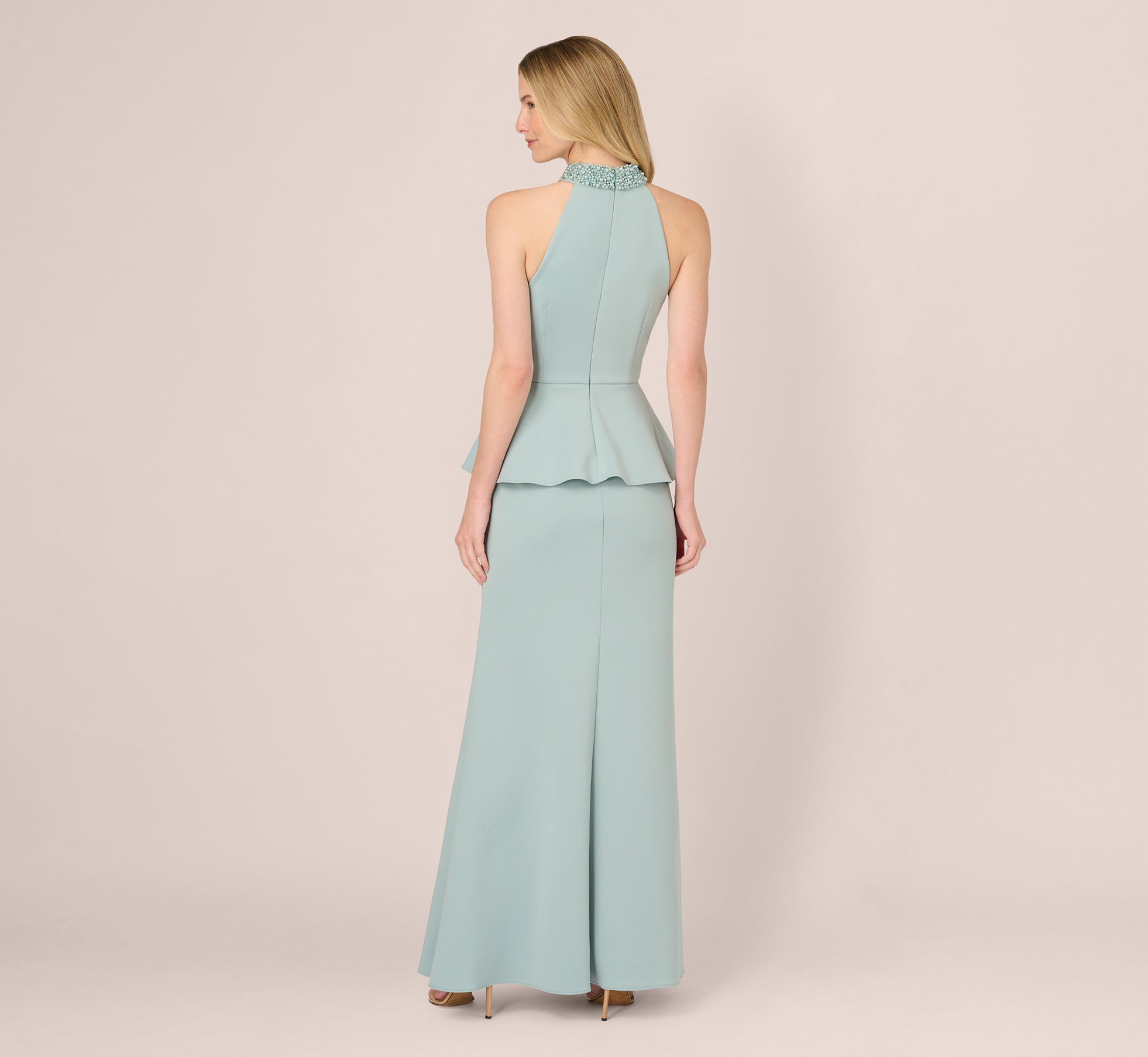 Sleeveless Pearly Halter Peplum Gown In Aqua Dust