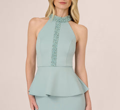 Sleeveless Pearly Halter Peplum Gown In Aqua Dust
