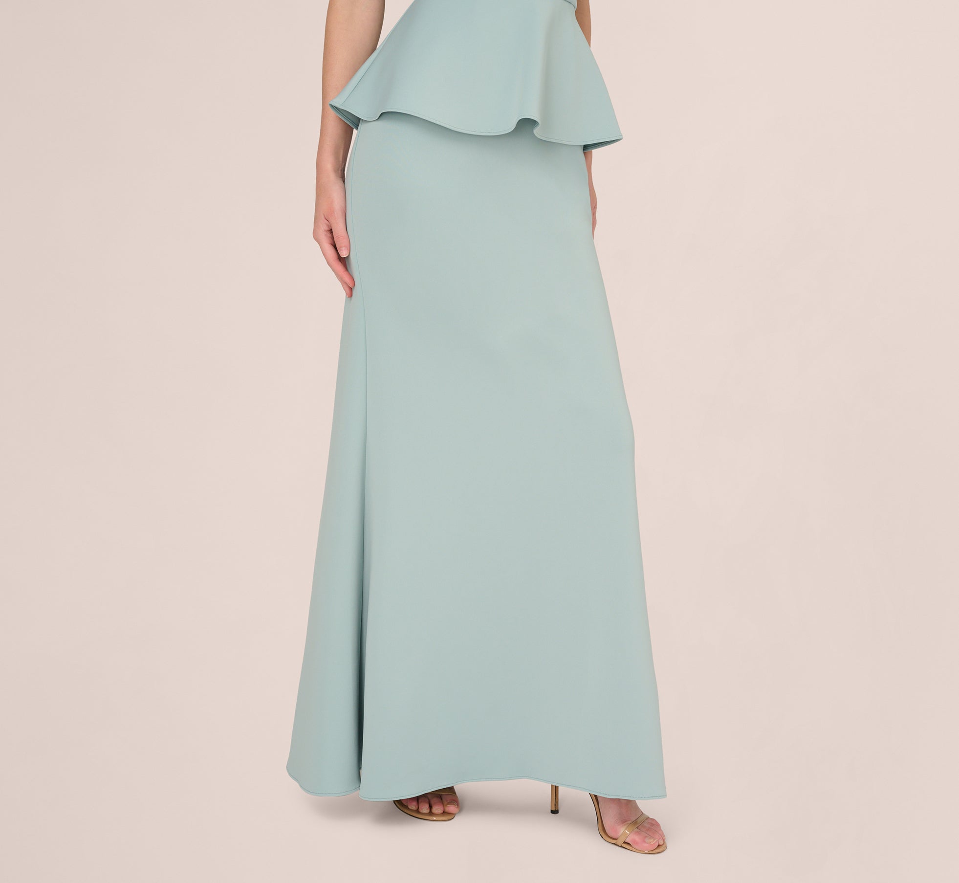 Sleeveless Pearly Halter Peplum Gown In Aqua Dust