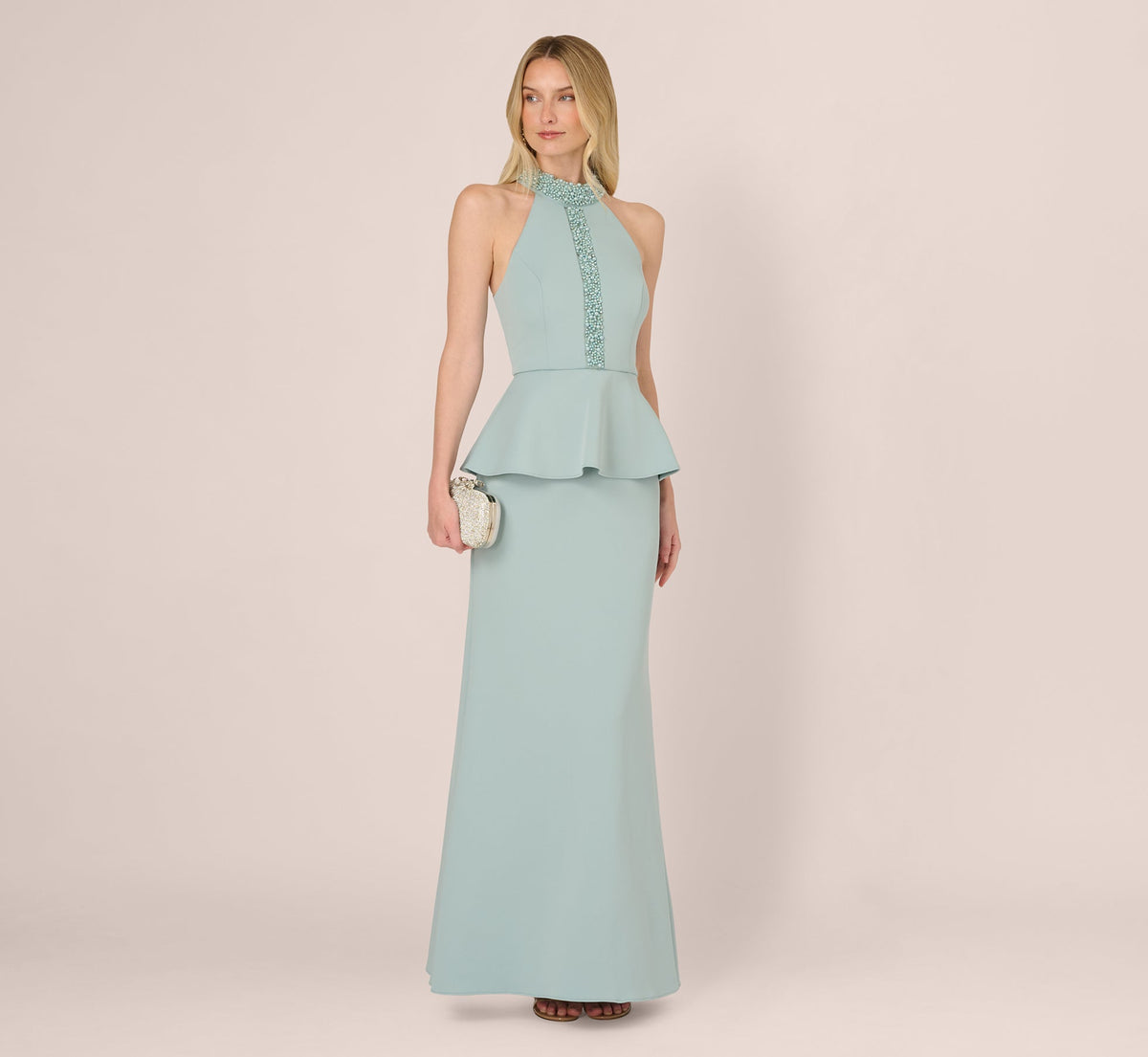 Sleeveless Pearly Halter Peplum Gown In Aqua Dust