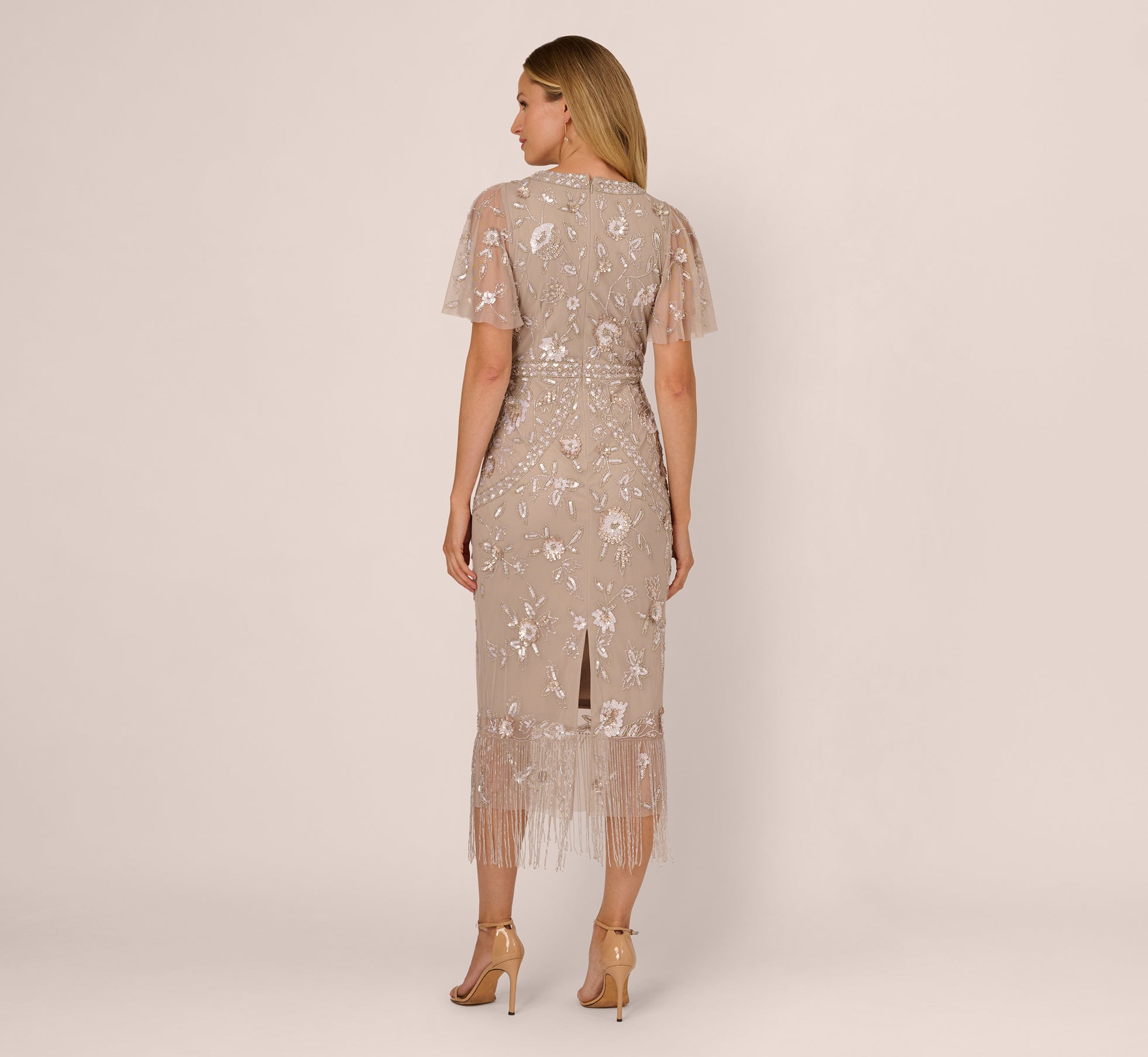 Flutter Sleeve Floral Beaded Fringe Midi Dress In Marble