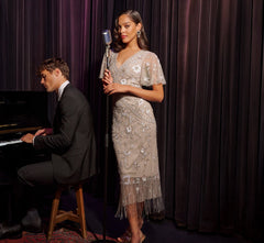 Flutter Sleeve Floral Beaded Fringe Midi Dress In Marble