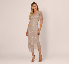 Flutter Sleeve Floral Beaded Fringe Midi Dress In Marble
