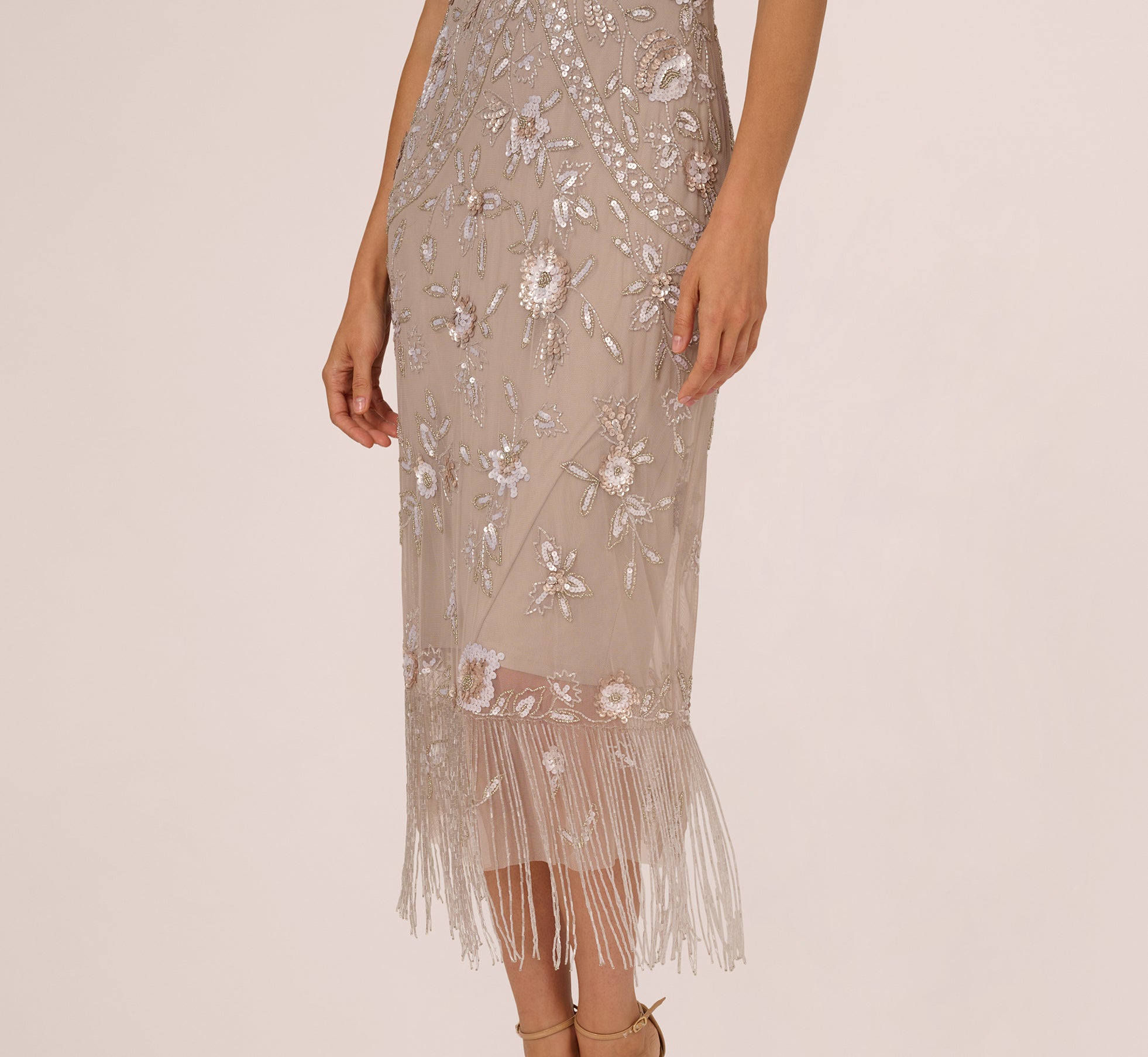 Flutter Sleeve Floral Beaded Fringe Midi Dress In Marble