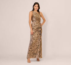 Sleeveless Asymmetrical Damask Metallic Gown In Chocolate