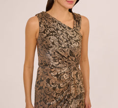 Sleeveless Asymmetrical Damask Metallic Gown In Chocolate