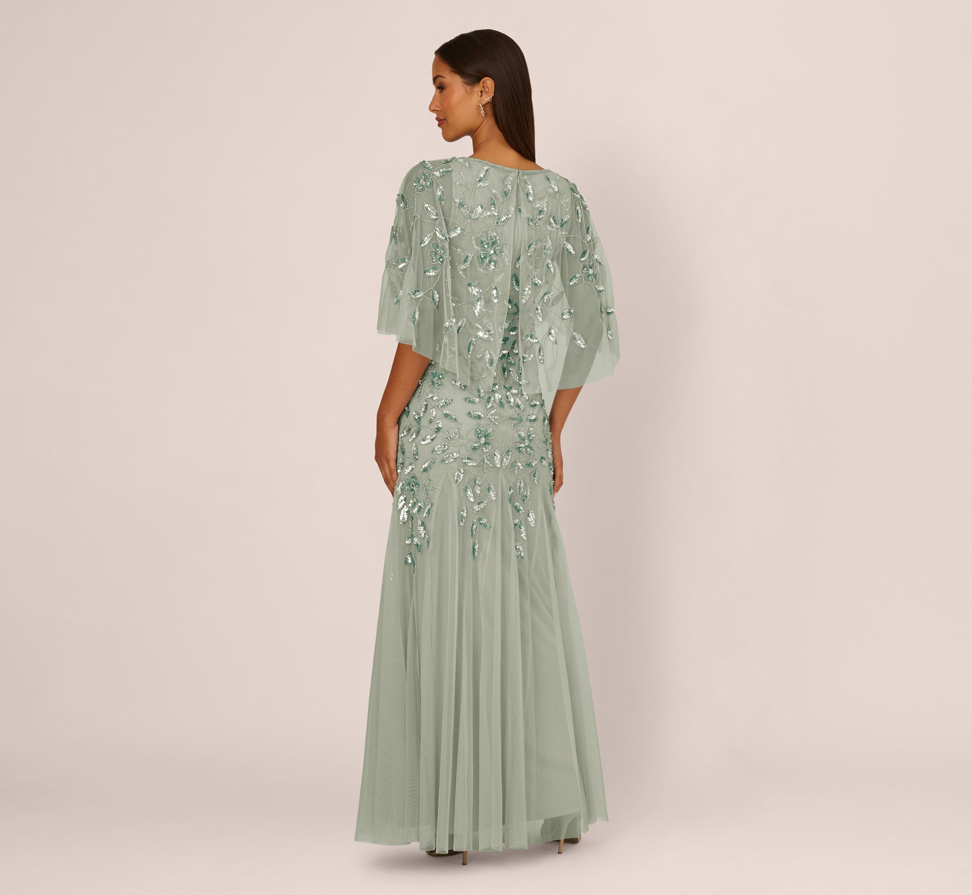 Floral Beaded Godet Cape Gown In Aqua Dust