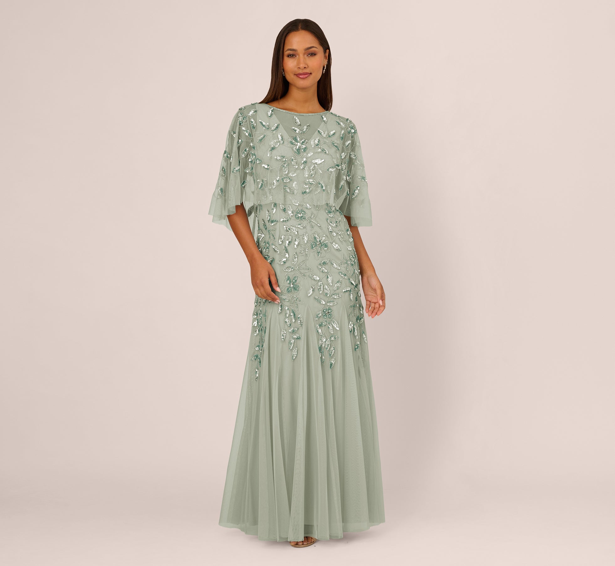 Floral Beaded Godet Cape Gown In Aqua Dust