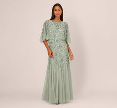 Floral Beaded Godet Cape Gown In Aqua Dust