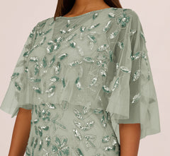 Floral Beaded Godet Cape Gown In Aqua Dust
