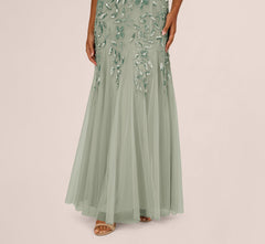 Floral Beaded Godet Cape Gown In Aqua Dust