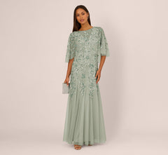 Floral Beaded Godet Cape Gown In Aqua Dust
