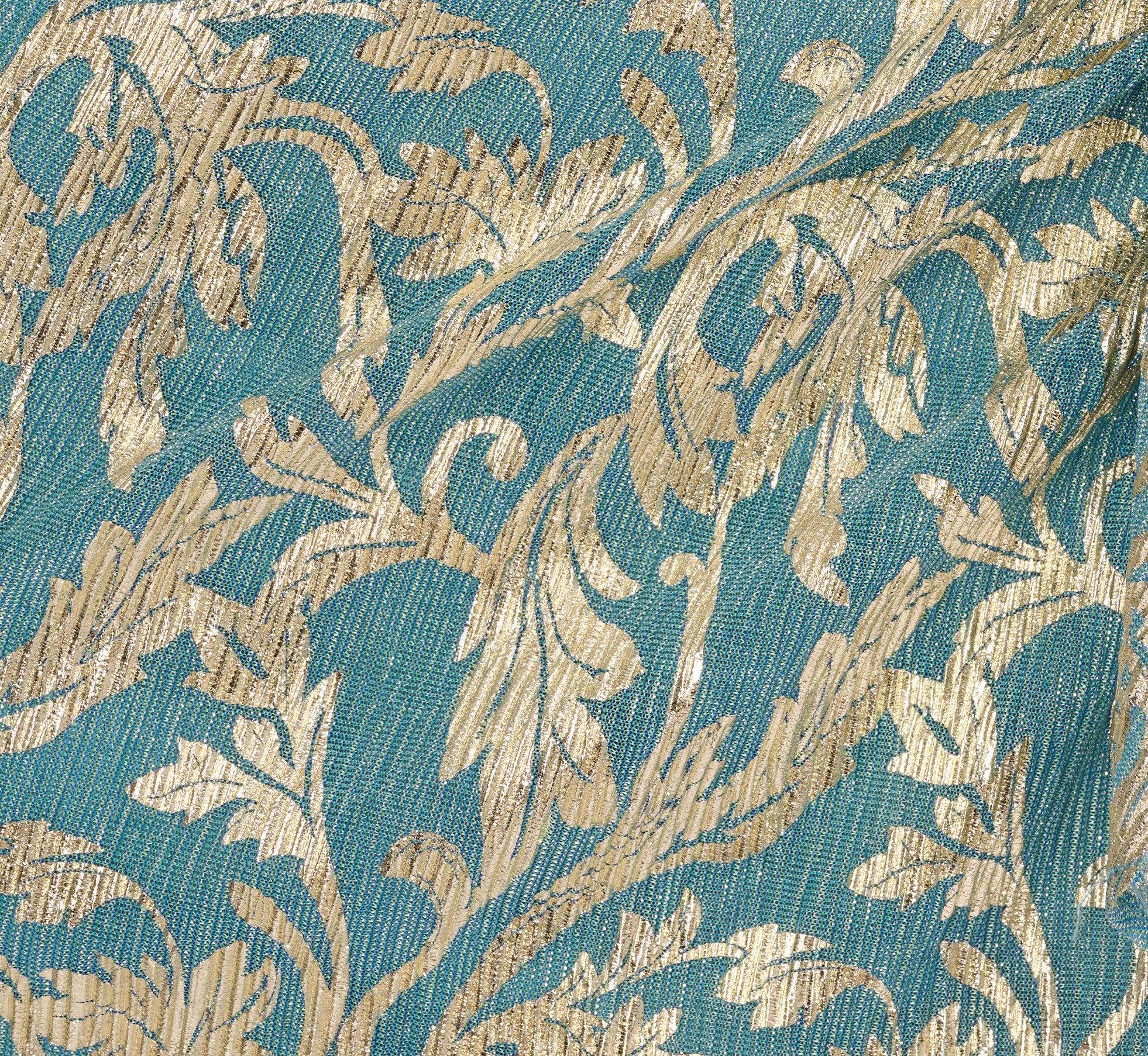 Long Sleeve Metallic Crinkle Drape Gown In Mint Gold