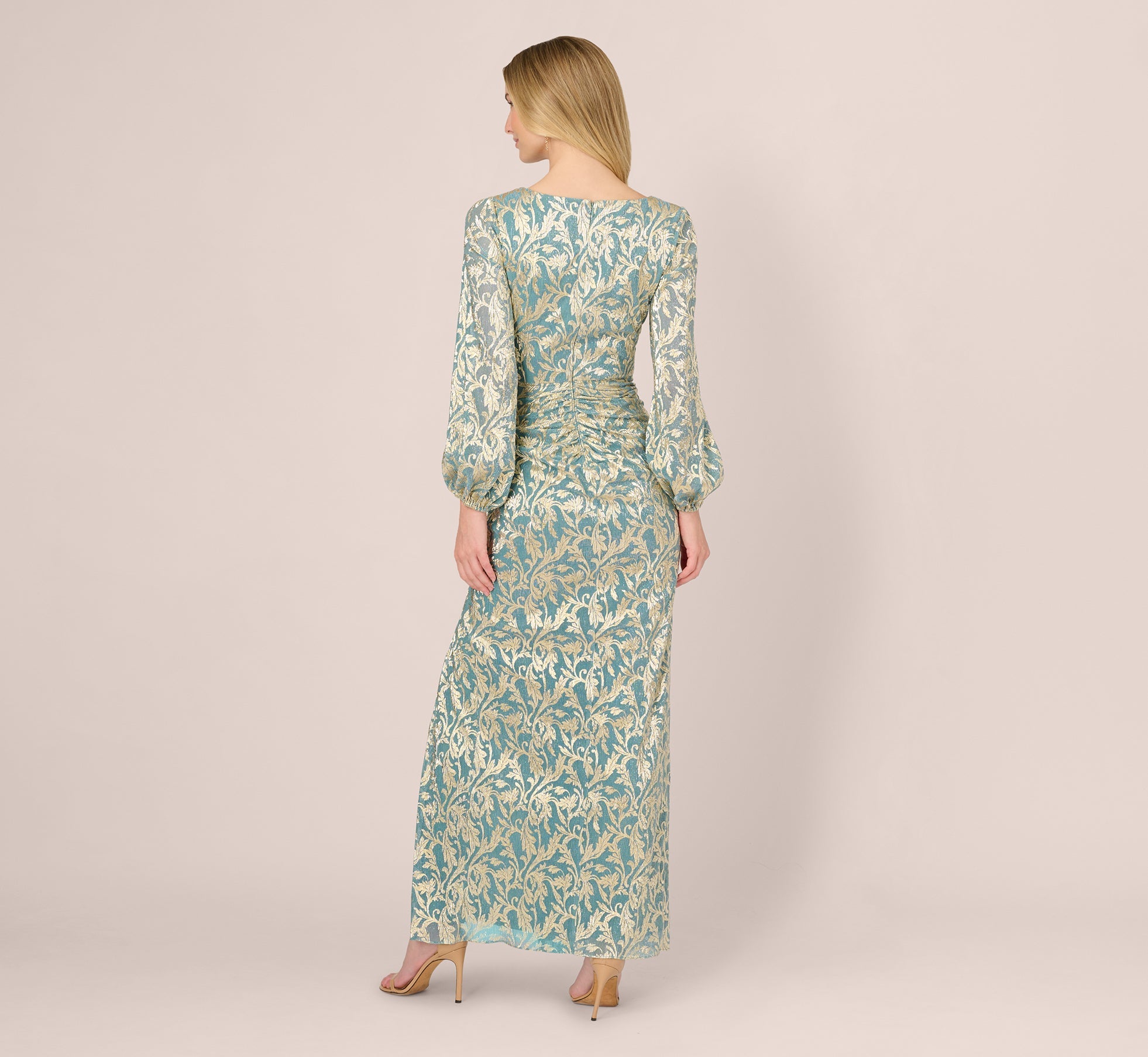 Long Sleeve Metallic Crinkle Drape Gown In Mint Gold