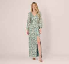 Long Sleeve Metallic Crinkle Drape Gown In Mint Gold