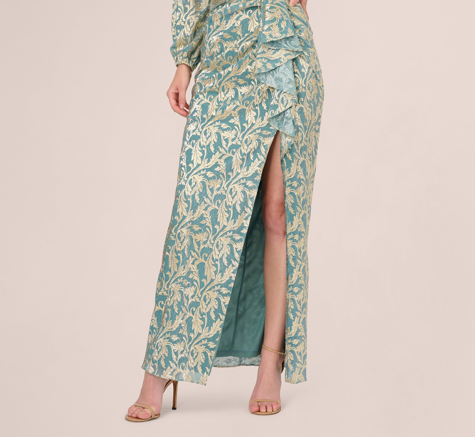 Long Sleeve Metallic Crinkle Drape Gown In Mint Gold