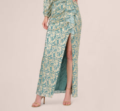 Long Sleeve Metallic Crinkle Drape Gown In Mint Gold