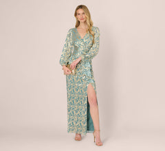 Long Sleeve Metallic Crinkle Drape Gown In Mint Gold