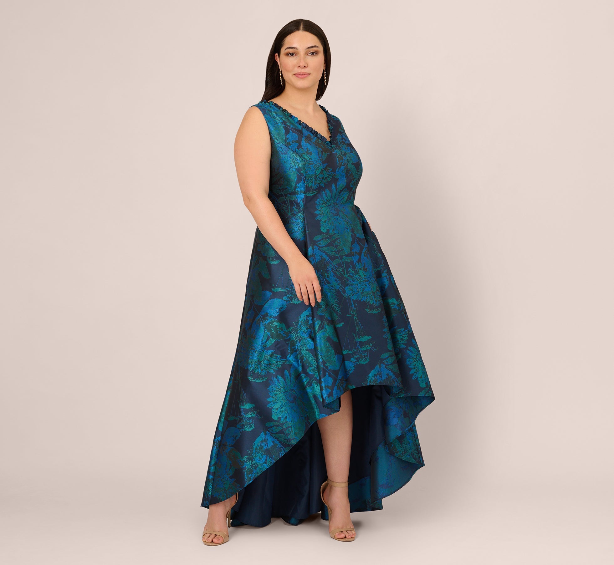 Plus Size Ruffle Floral Jacquard High Low Gown In Cobalt Multi