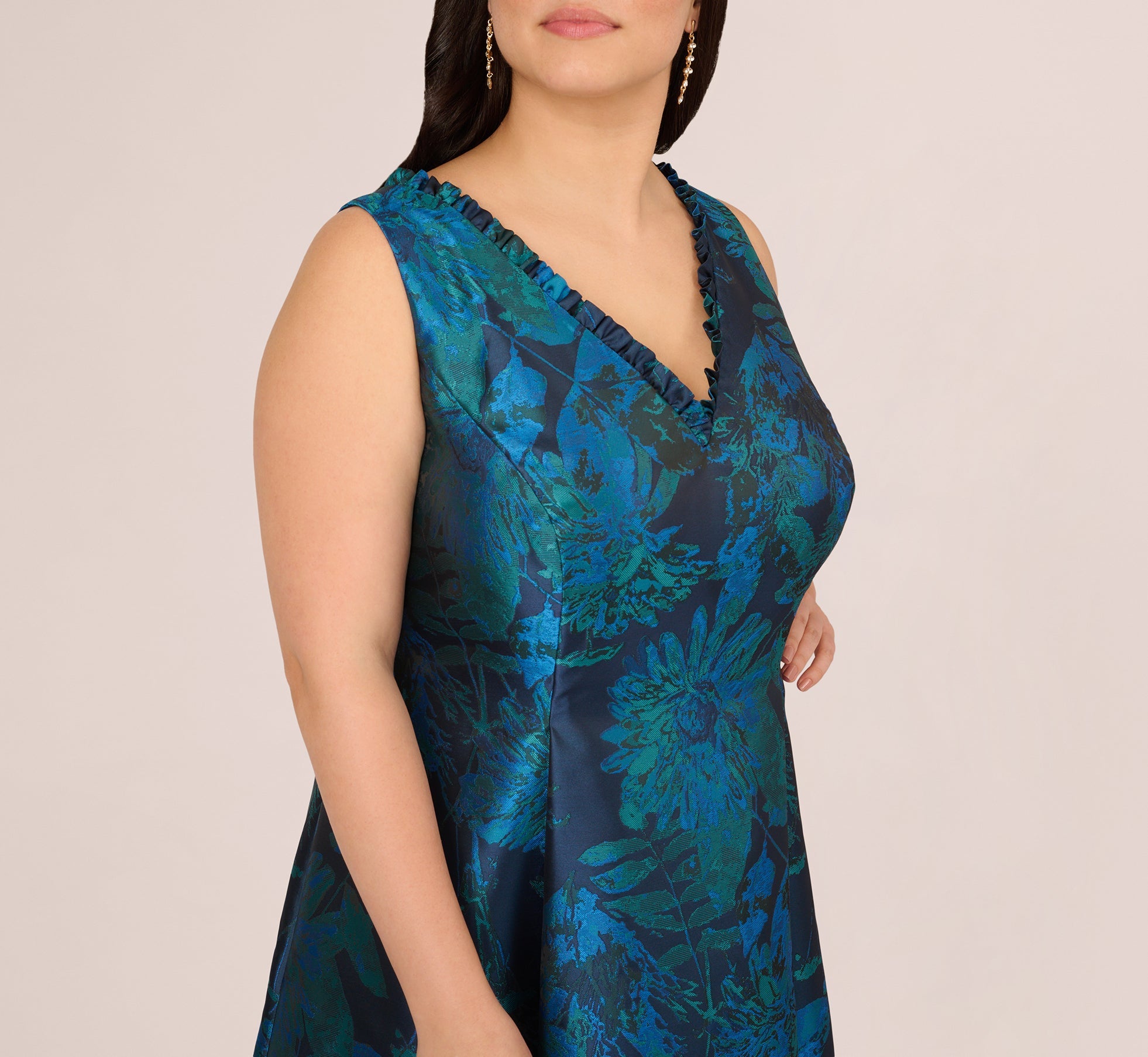 Plus Size Ruffle Floral Jacquard High Low Gown In Cobalt Multi