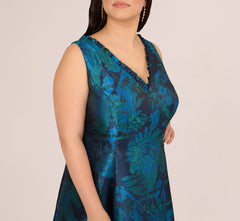 Plus Size Ruffle Floral Jacquard High Low Gown In Cobalt Multi