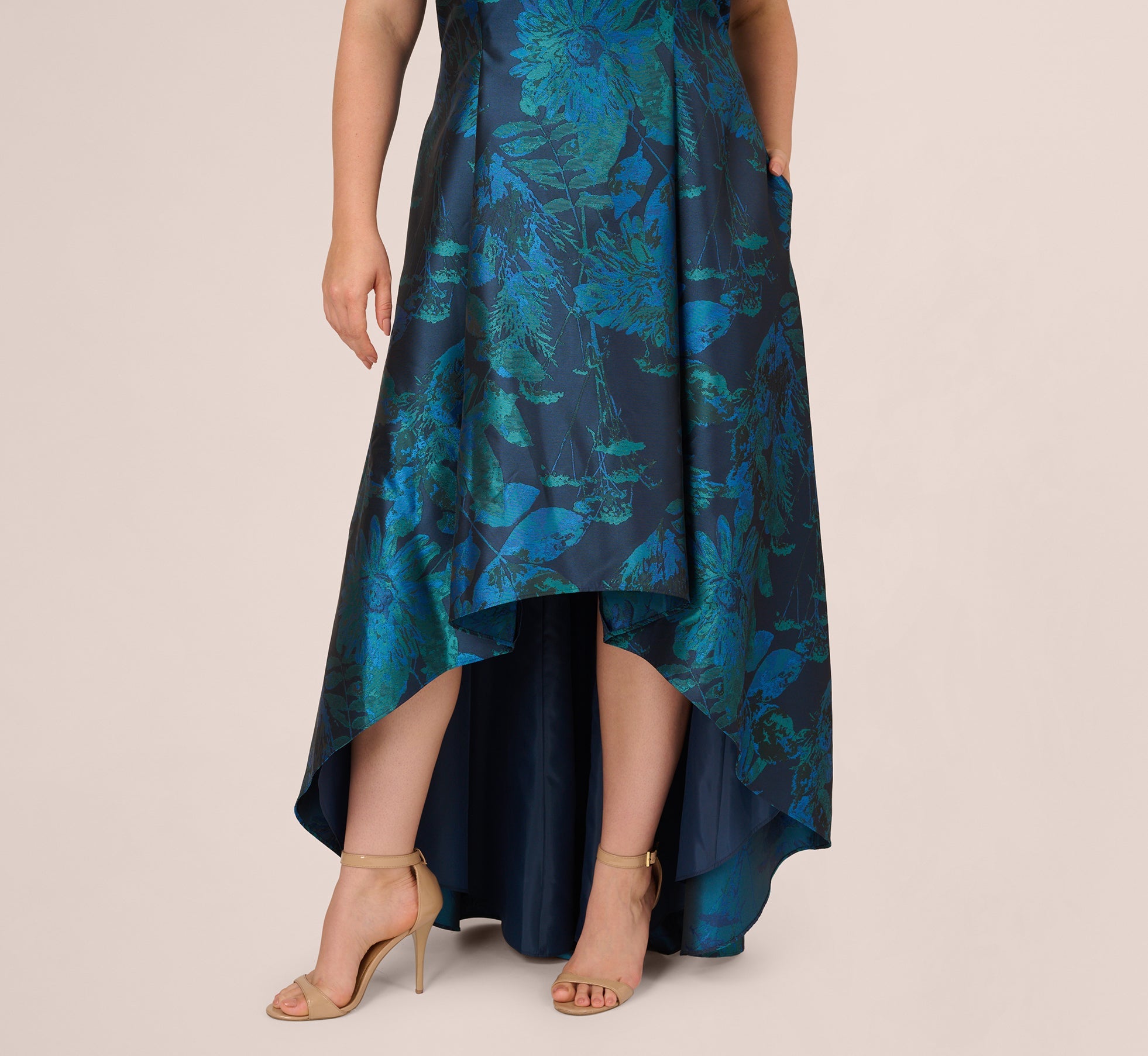 Plus Size Ruffle Floral Jacquard High Low Gown In Cobalt Multi