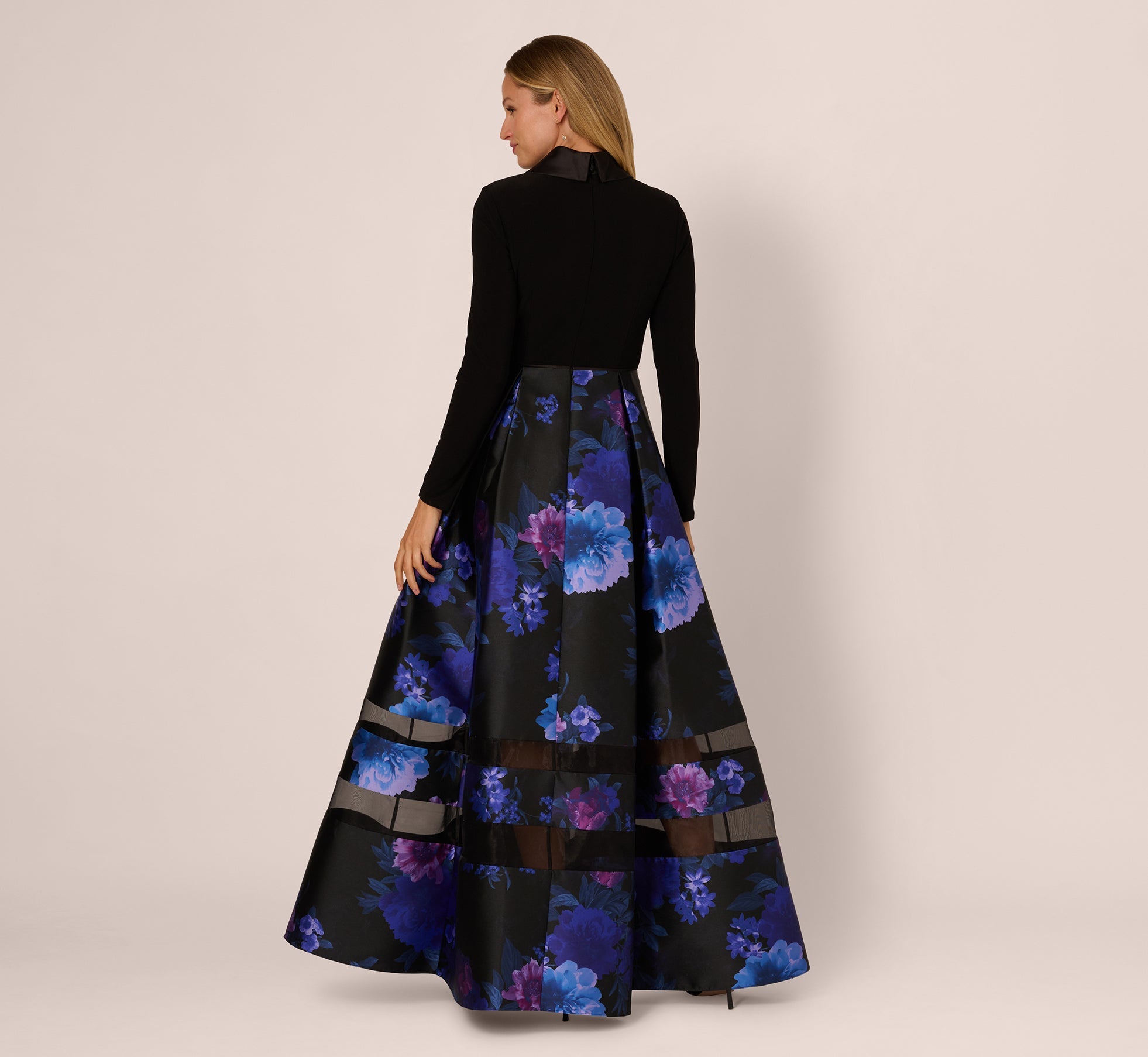 Long Sleeve Floral Tuxedo Combo Ballgown In Black Multi