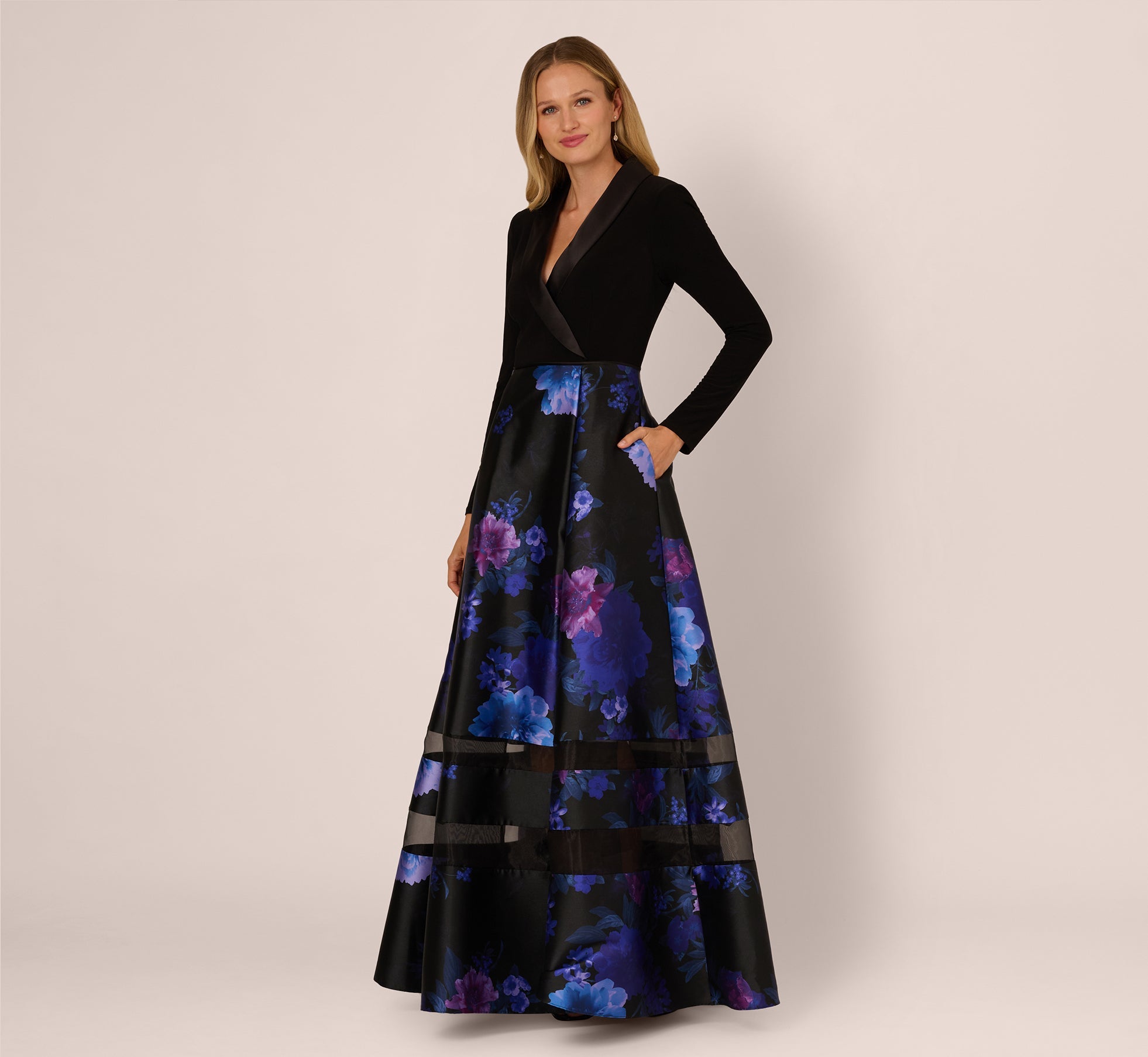 Long Sleeve Floral Tuxedo Combo Ballgown In Black Multi