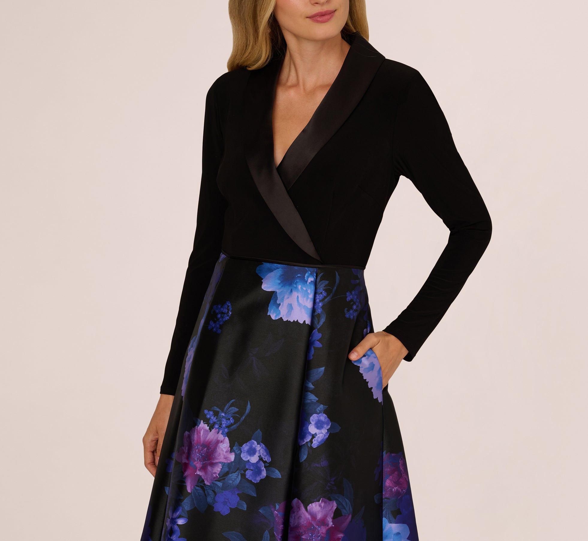 Long Sleeve Floral Tuxedo Combo Ballgown In Black Multi