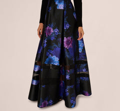 Long Sleeve Floral Tuxedo Combo Ballgown In Black Multi