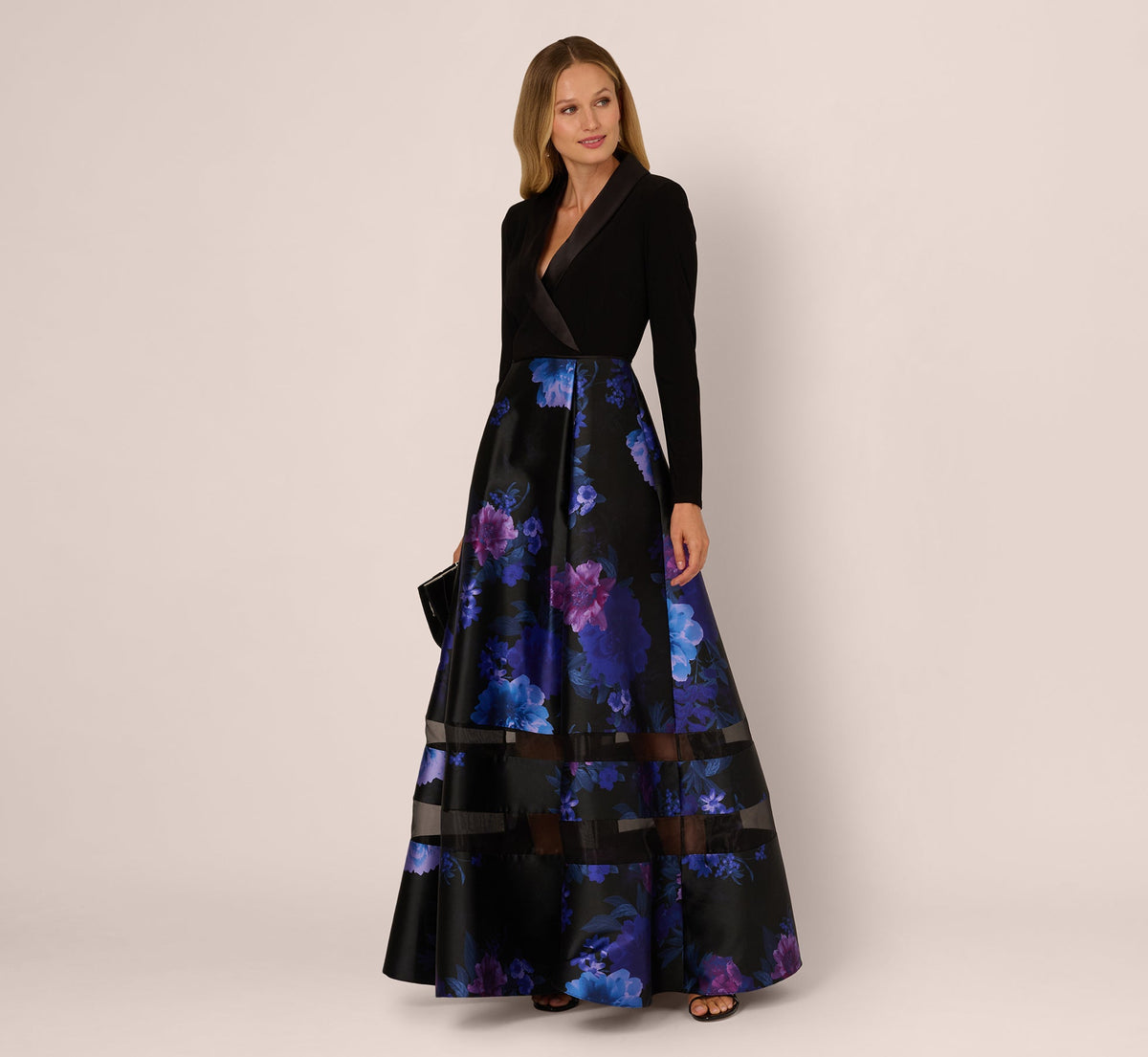 Long Sleeve Floral Tuxedo Combo Ballgown In Black Multi