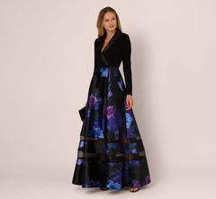 Long Sleeve Floral Tuxedo Combo Ballgown In Black Multi