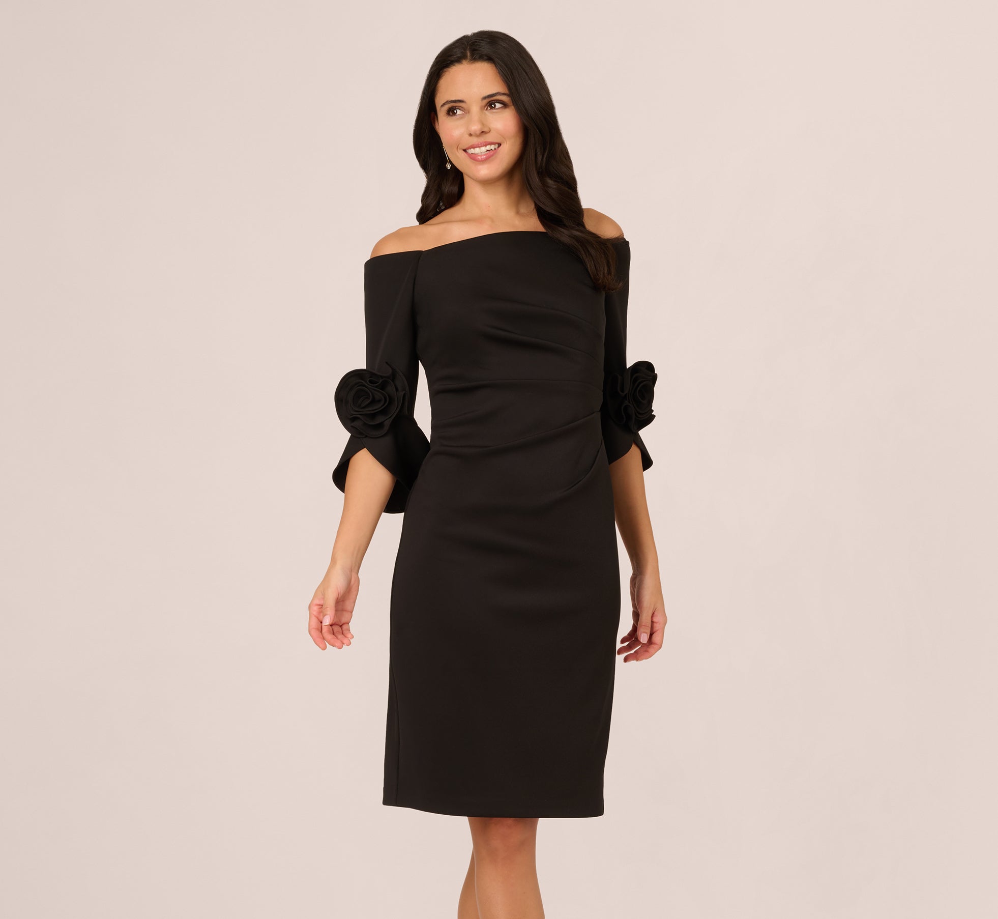 Off Shoulder Three Quarter Rosette Sleeve Cocktail Dress In Black