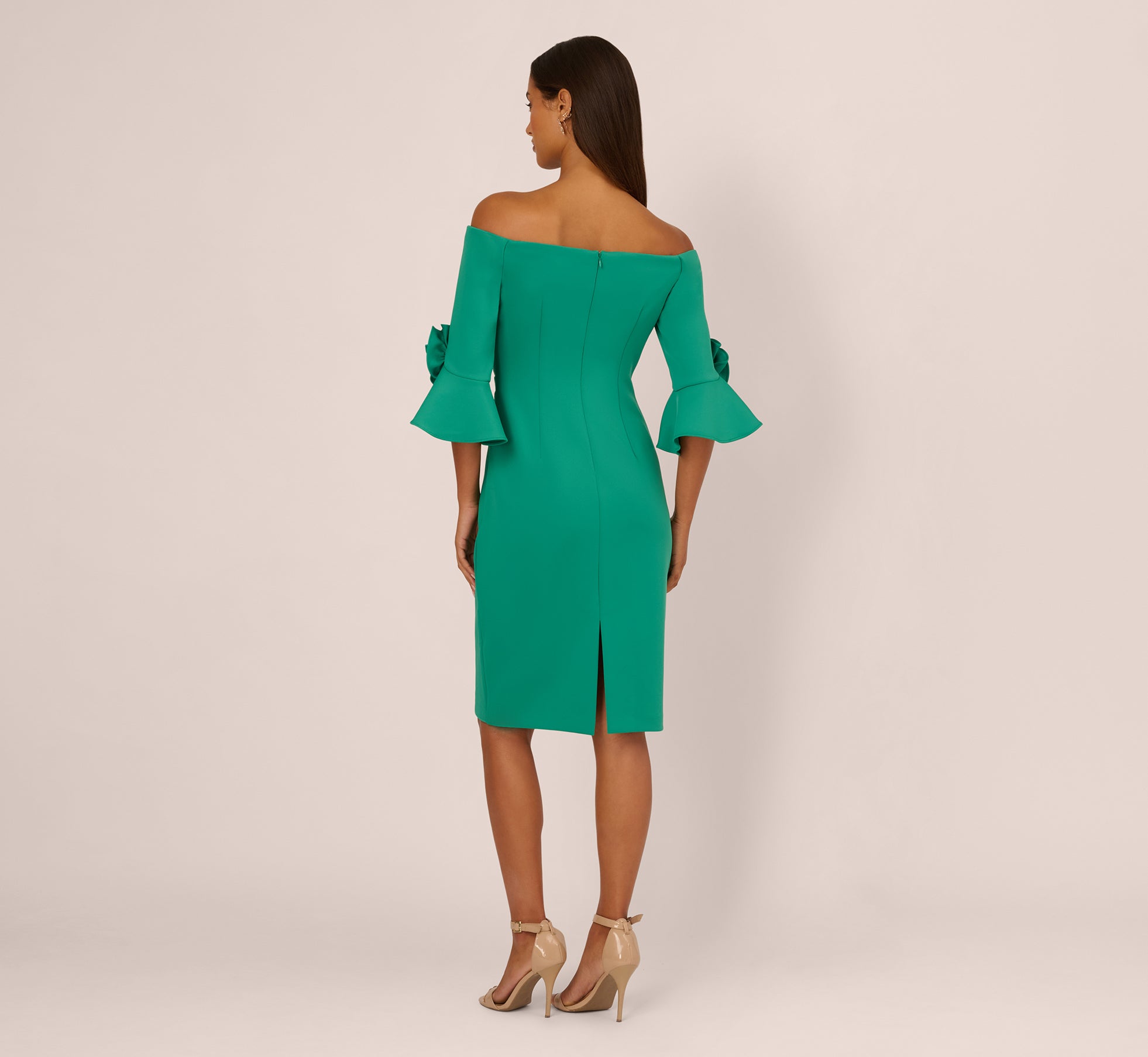 Off Shoulder Three Quarter Rosette Sleeve Cocktail Dress In Emerald