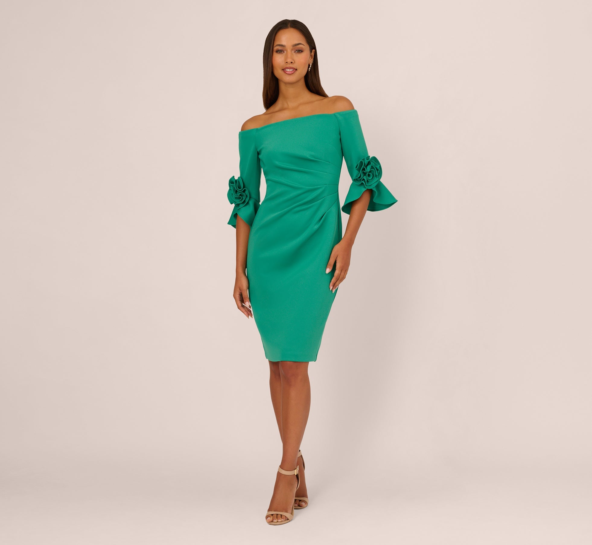 Off Shoulder Three Quarter Rosette Sleeve Cocktail Dress In Emerald