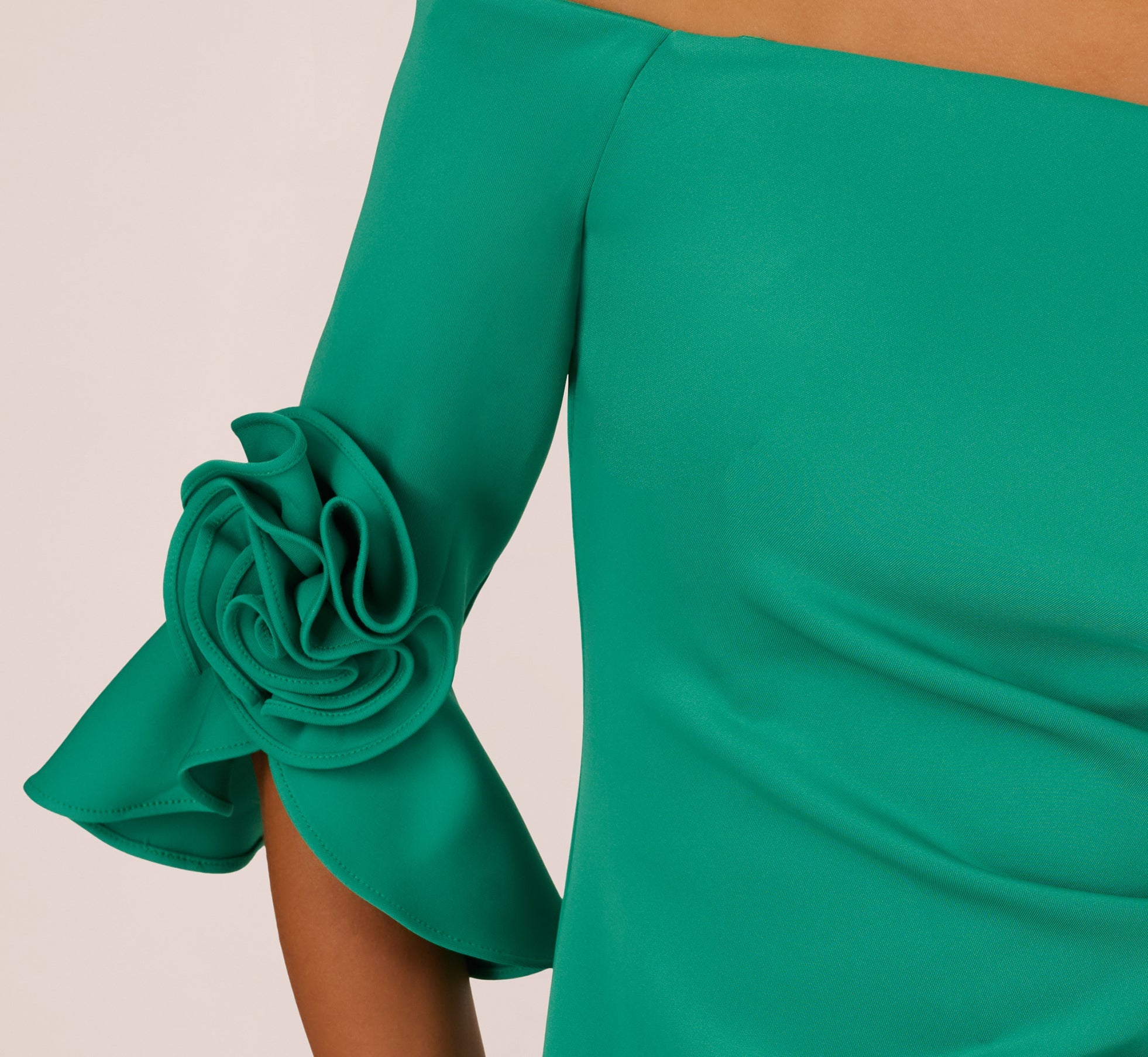 Off Shoulder Three Quarter Rosette Sleeve Cocktail Dress In Emerald