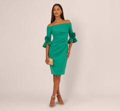 Off Shoulder Three Quarter Rosette Sleeve Cocktail Dress In Emerald