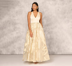 Metallic Jacquard Sleeveless Ball Gown With Crinoline Details In Light Gold