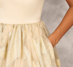 Metallic Jacquard Sleeveless Ball Gown With Crinoline Details In Light Gold