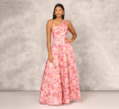Printed Jacquard One Shoulder Ball Gown With Pleat Details In Red Multi