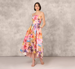 Multicolor Metallic Floral Print Jacquard High Low Gown With Pockets In Pink Multi