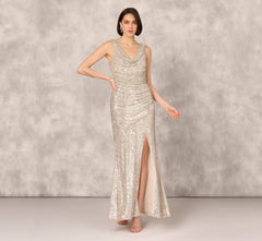 Stretch Sequin Sleeveless Cowl Neck Gown With Gathered Details In Champagne Silver