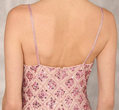 Geometric Sequin Beaded Gown With Scoop Neckline In Pink Multi