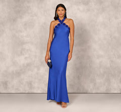Satin Floral Beaded Halter Mermaid Gown In Deep Sapphire