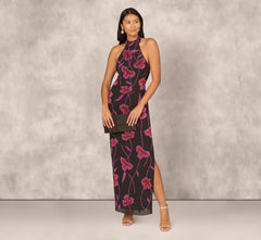 Beaded Floral Halter Column Gown With Mock Neck In Black Multi