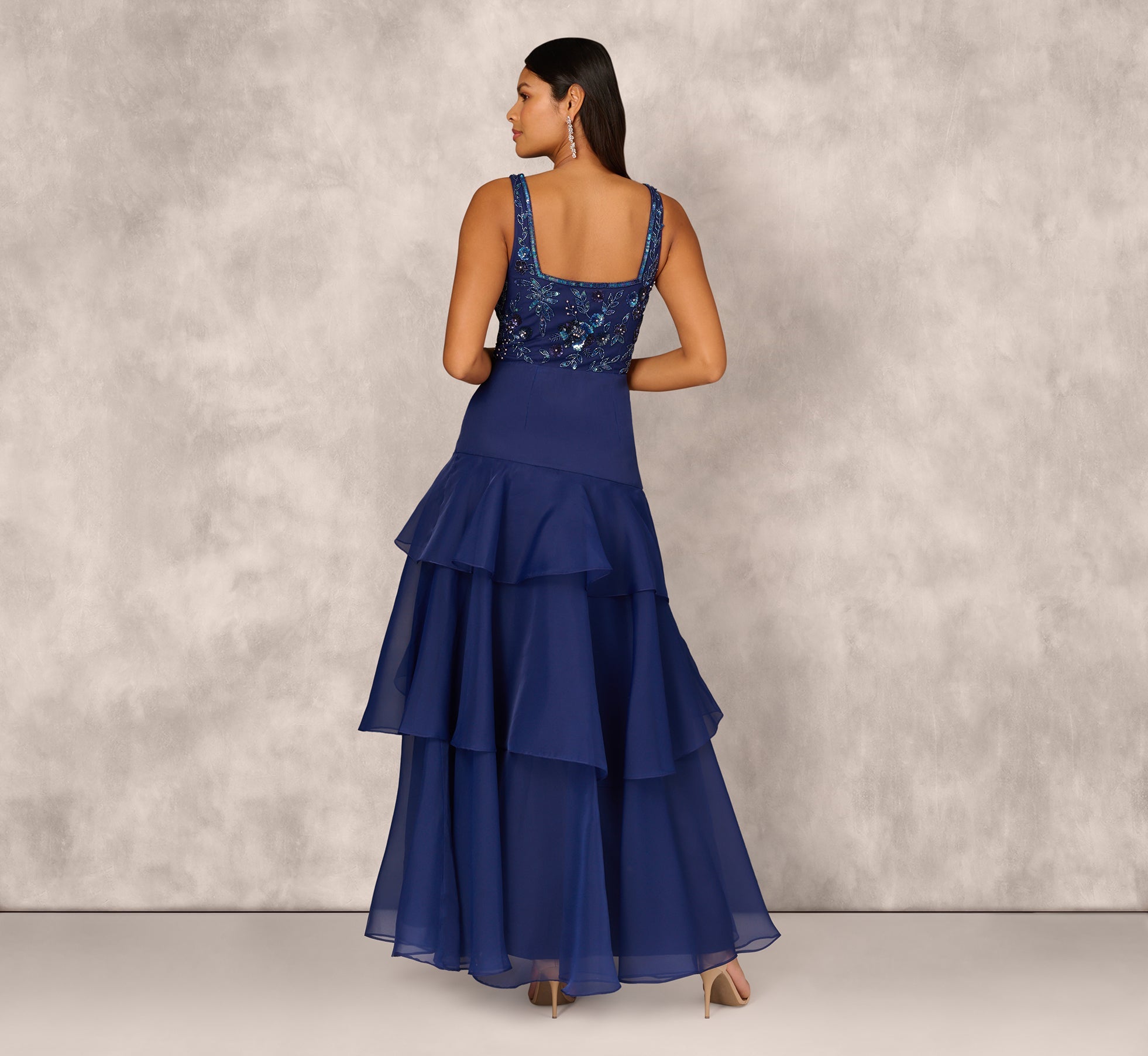 Tiered Organza Gown With Beaded Bodice In Navy